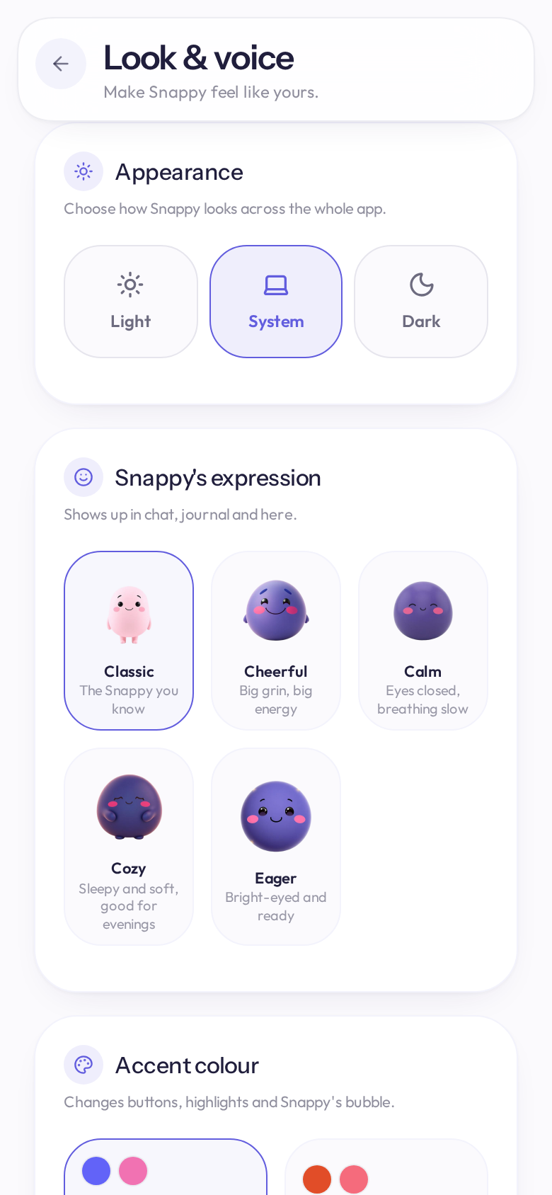 Snappy iPhone appearance screen with light, system, dark and mascot choices