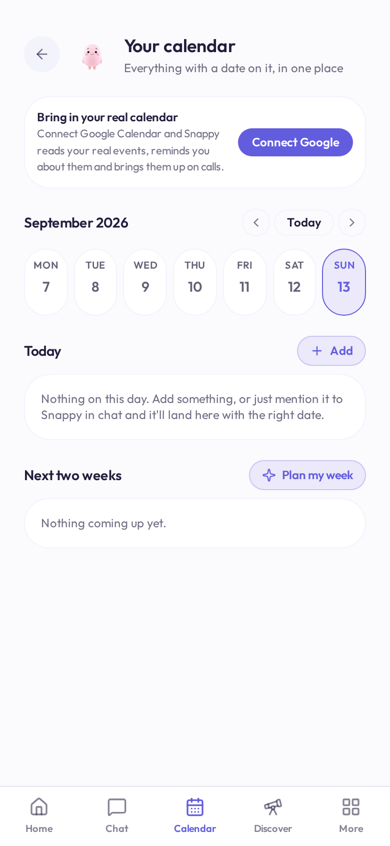 Snappy iPhone calendar showing a week and Google Calendar connection